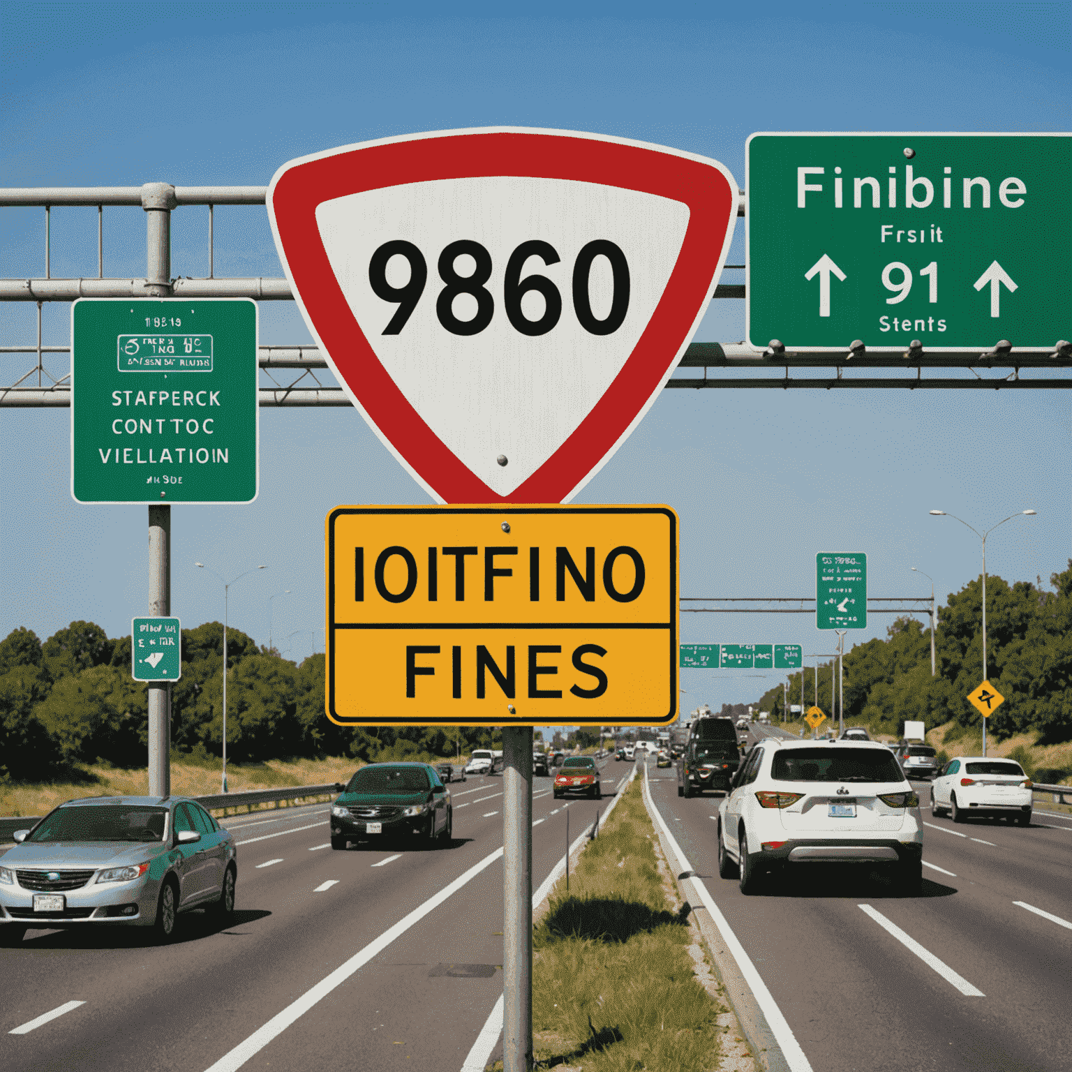 A road sign displaying various traffic violations and their corresponding fines. The sign is prominently placed next to a busy highway with cars passing by.