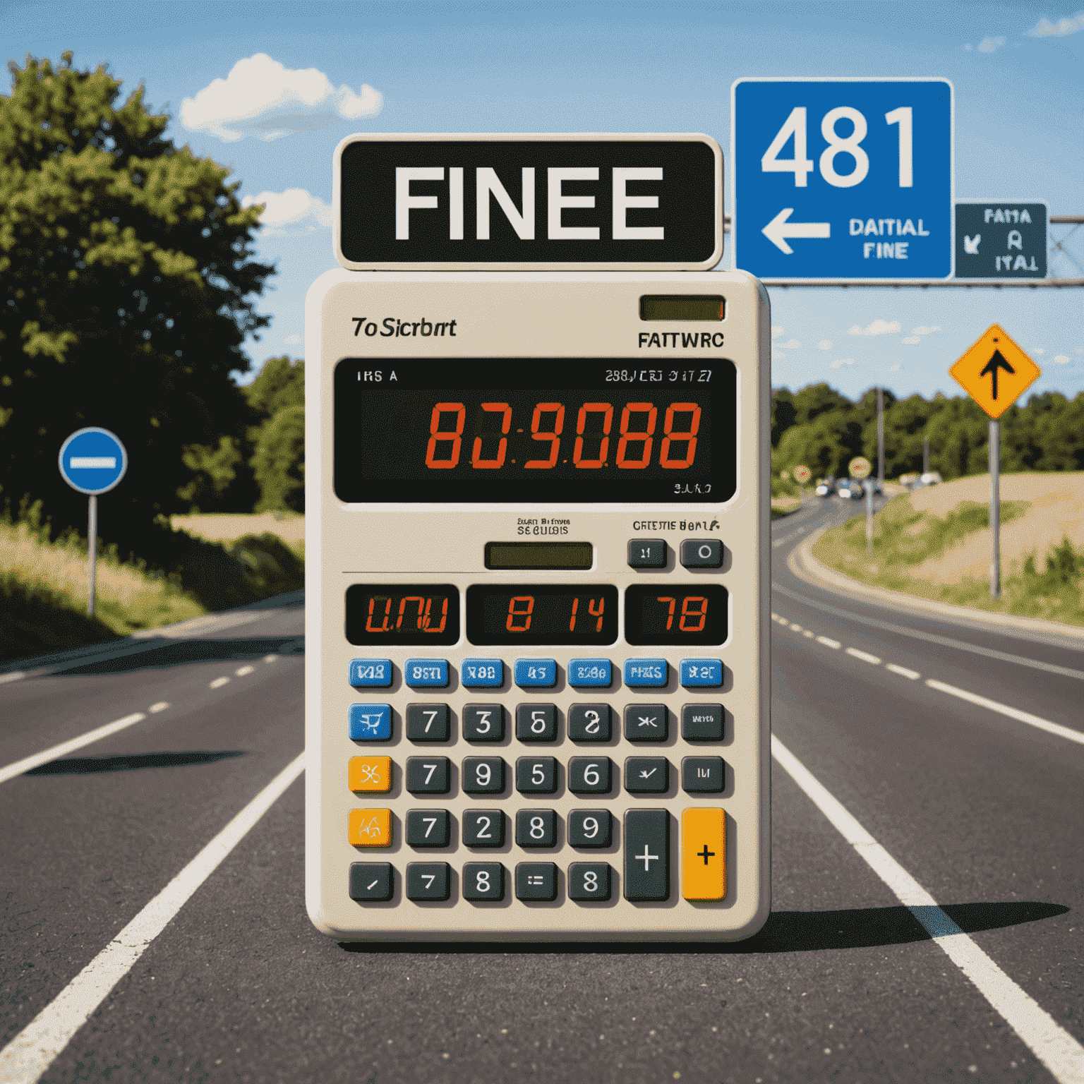 A digital calculator displaying traffic fine amounts with road signs in the background