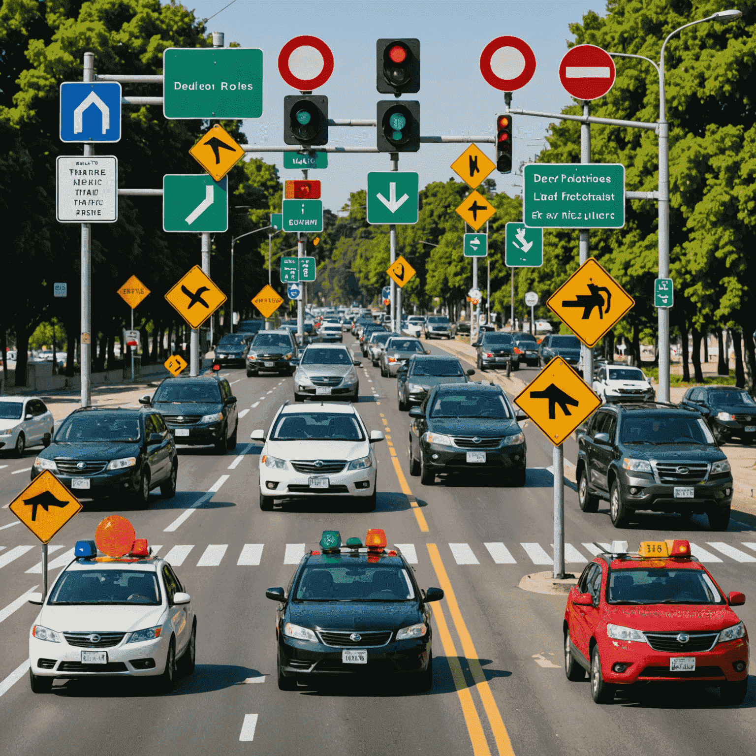 A collage of traffic safety images including road signs, traffic lights, and safe driving practices. The image emphasizes the importance of following traffic rules and being aware of potential fines for violations.