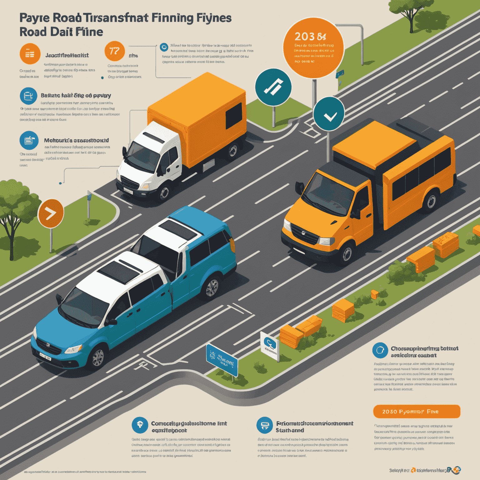 Infographic showing the step-by-step process of paying road transport fines, including checking fine details, choosing a payment method, and receiving confirmation