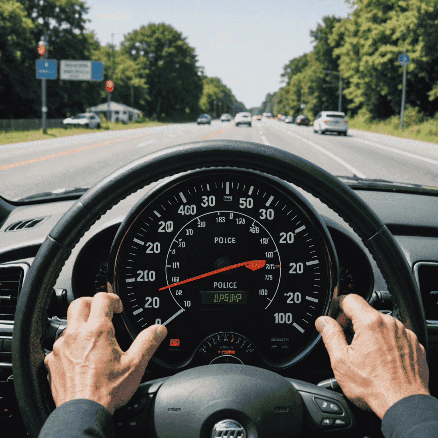 A car speedometer showing excessive speed, with a police car in the background, illustrating a speeding violation scenario