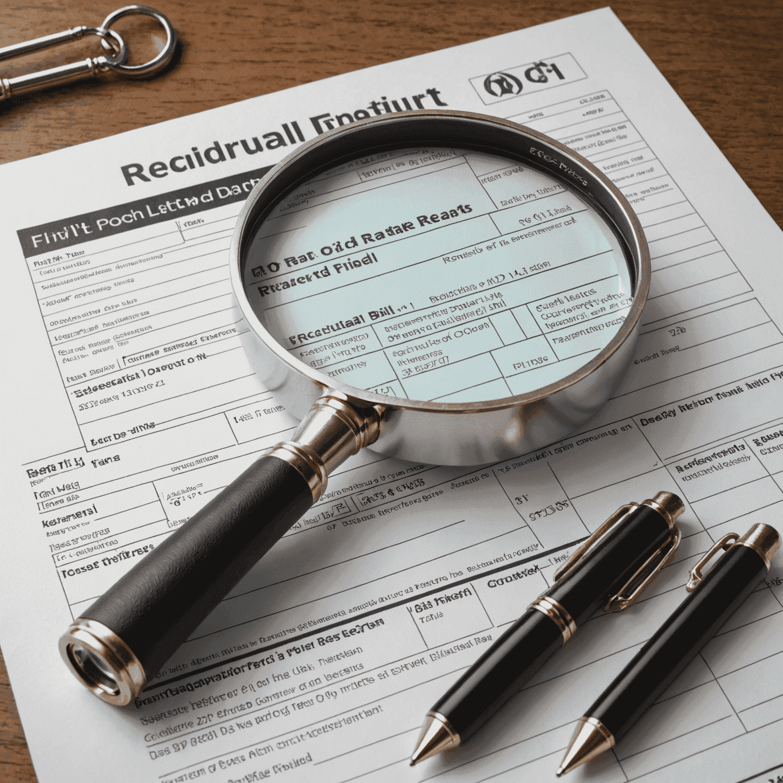 A detailed road transport fine bill with key sections highlighted and explanatory notes pointing to different parts of the bill. The image includes a magnifying glass to symbolize careful examination.