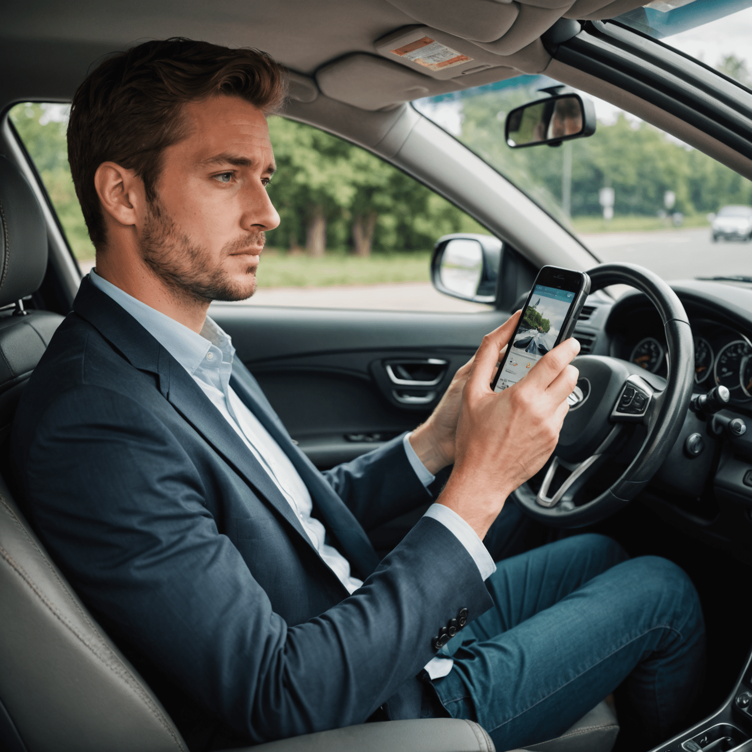 A driver looking at a mobile phone while driving, illustrating the dangers of distracted driving