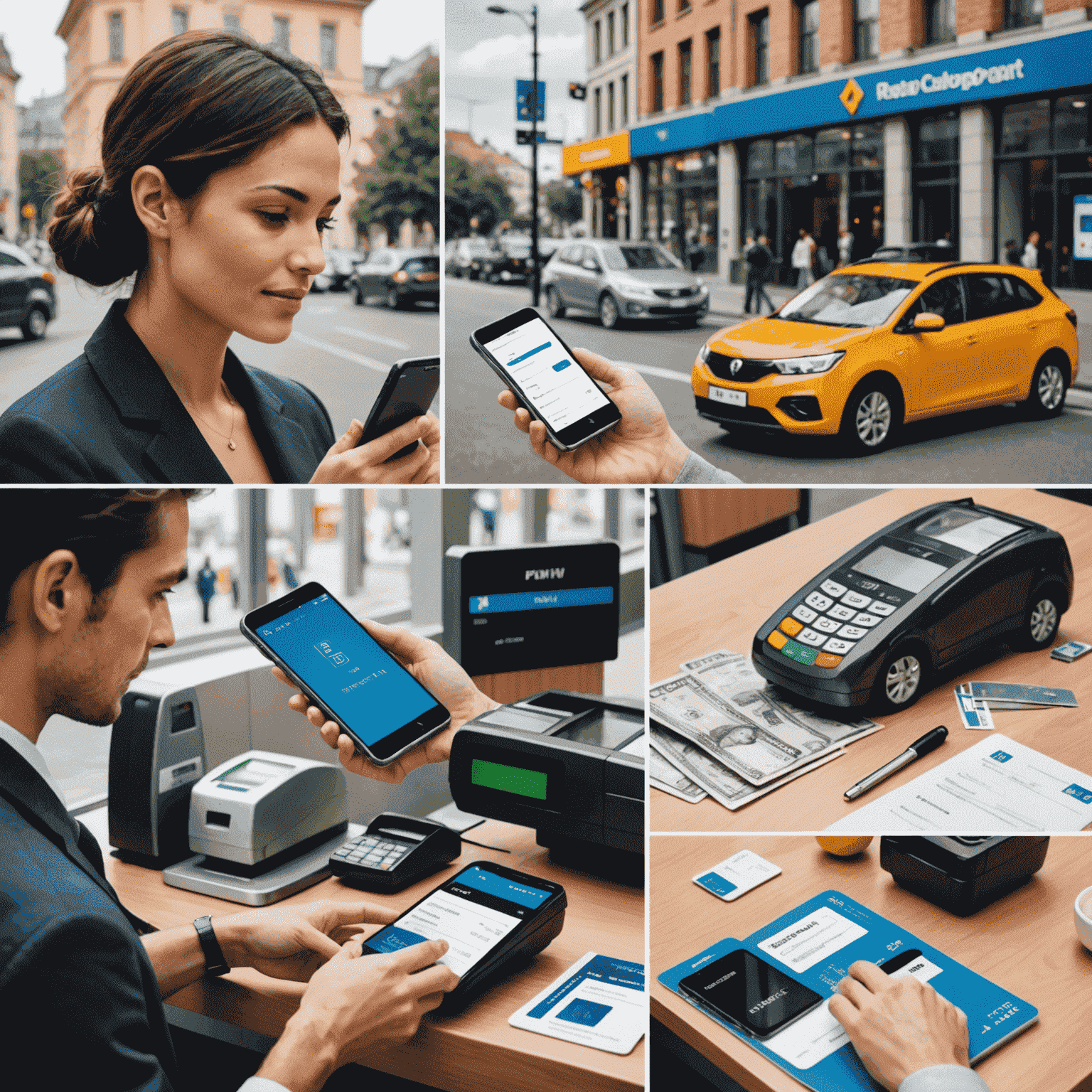 A collage showing various payment methods including a smartphone with a payment app, credit cards, a bank building, and a person at a payment counter. The image represents different ways to pay road transport fines.