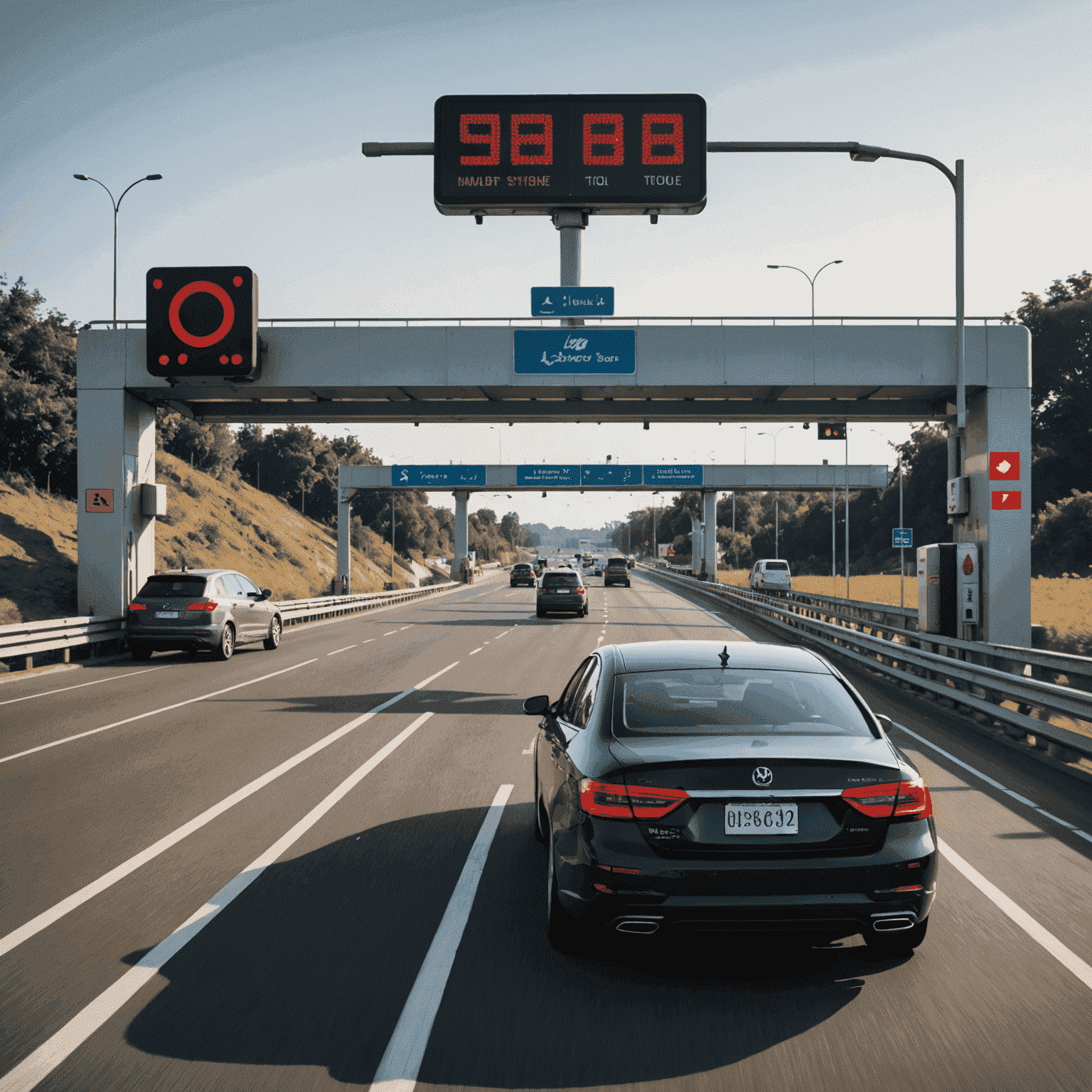 A car passing through a Salik toll gate with a red light indicating a violation, showcasing the Salik system in action